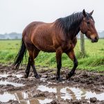 Cheval alezan avançant prudemment dans un pré boueux après plusieurs jours de pluie, sous un ciel couvert.