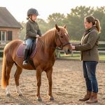Une jeune fille débutante à cheval, équipée simplement, apprend à guider un poney calme dans un manège sous la supervision d’une monitrice.