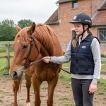 Une adolescente équipée d’un casque et d’un gilet de protection guide calmement un cheval alezan dans un espace équestre sécurisé près de Maubeuge.