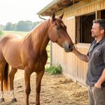 Cheval de sport calme près d’un soigneur dans un centre de bien-être équin lumineux, au cœur de la campagne des Deux-Sèvres.