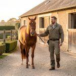 Un cheval alezan arrive calmement dans un paddock sécurisé, guidé par son nouveau propriétaire devant une écurie française sobre éclairée par la lumière du matin.