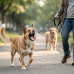 Un chien anxieux tire sur sa laisse et aboie en direction de deux chiens dans un parc, accompagné par une femme.