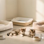 Trois chatons se reposent et explorent une pièce lumineuse aménagée avec des couchages, une litière propre et des gamelles séparées.