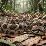 Vipère du Gabon immobile et camouflée dans une épaisse litière de feuilles mortes au sol d’une forêt tropicale africaine.