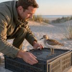 Un soigneur ouvre doucement une caisse de transport devant une dune au lever du jour, tandis qu’un oiseau sauvage soigné se prépare à retrouver son habitat naturel.