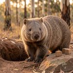 Wombat australien près de son terrier, avec plusieurs crottes cubiques visibles sur un rocher, éclairé par une douce lumière de fin de journée.